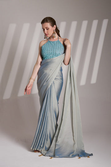 Misty Blue Satin Silk Saree With Tassels