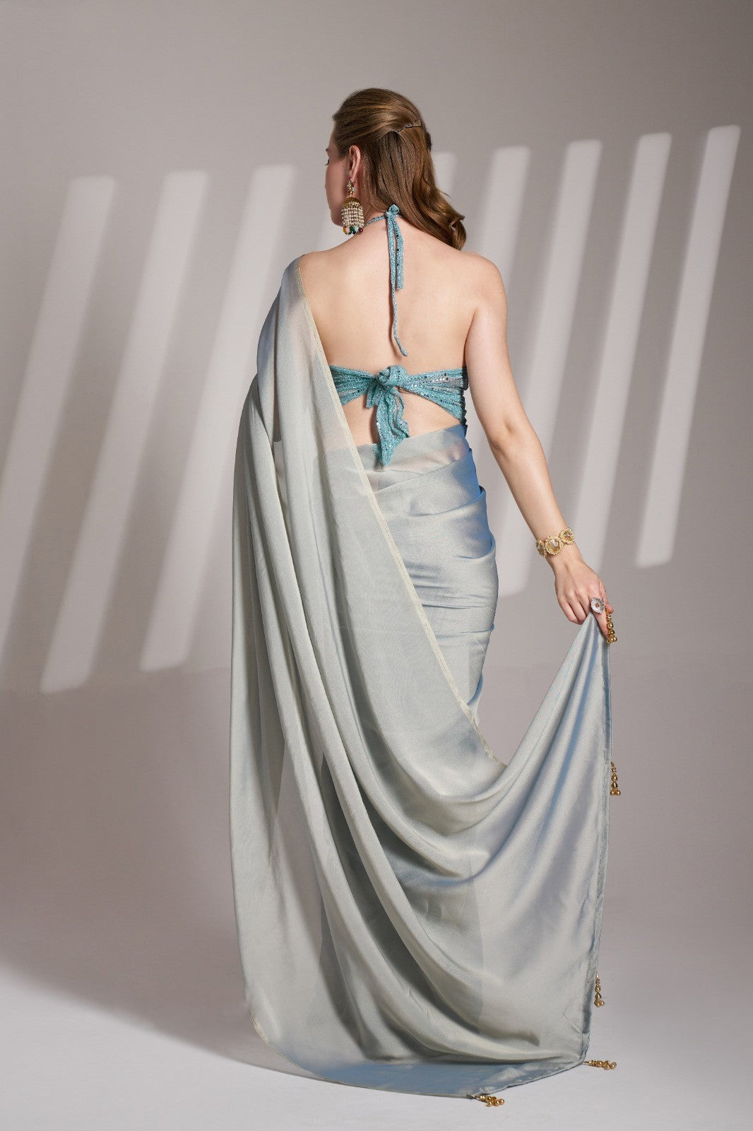 Misty Blue Satin Silk Saree With Tassels