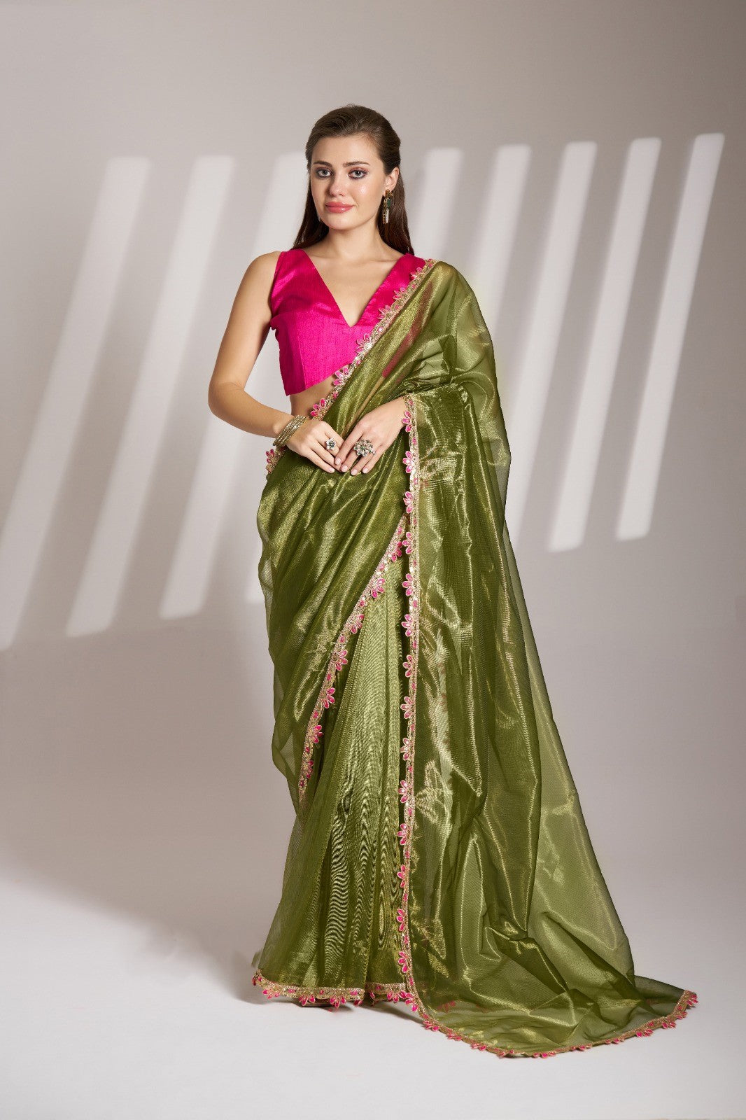 Olive Green Simmer Net Lace Border Saree