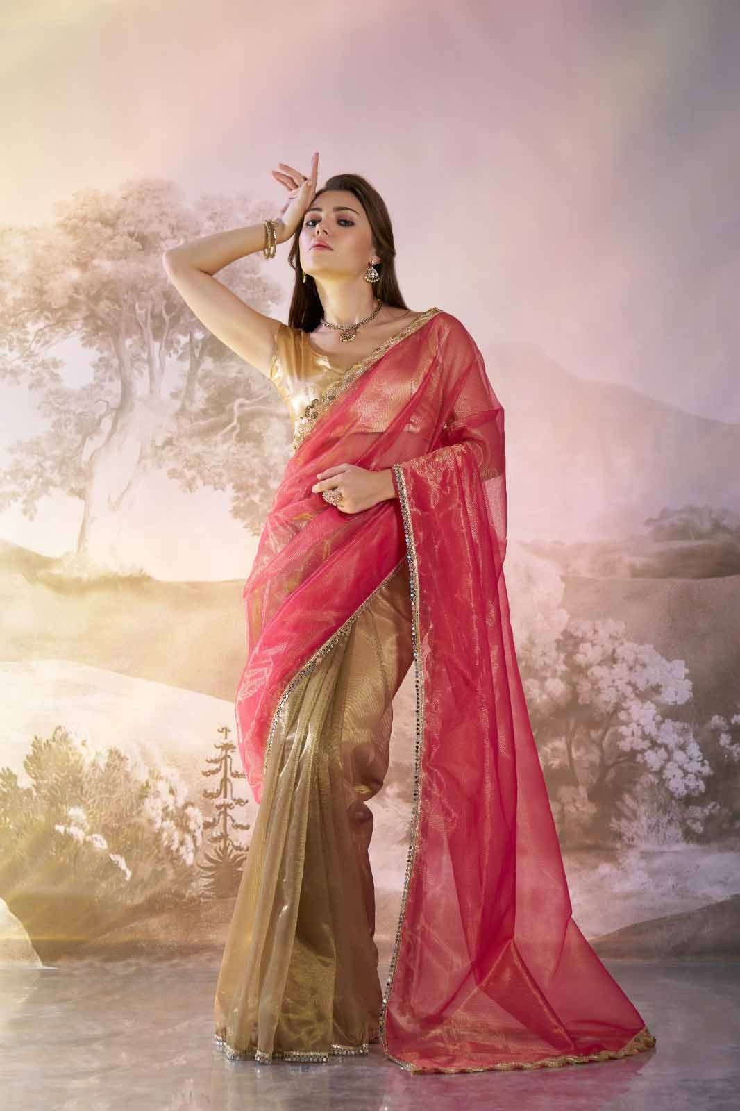 Twill Net Gold Colour and Contrast Pallu With Lace Border Saree