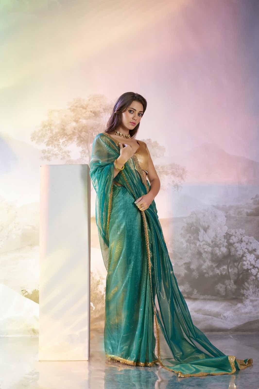 Green Contemporary Saree with Patch Lace Border