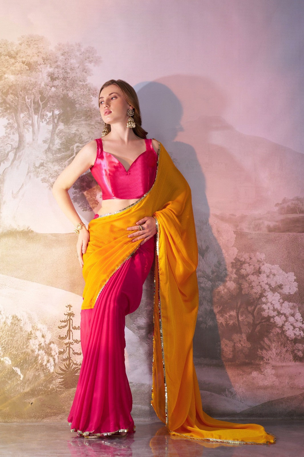 Pink Chiffon Saree With Contrast Pallu and Lace Border