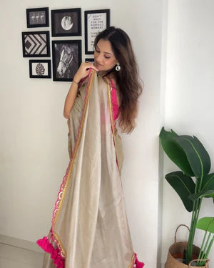 Jimmi chu tissue saree with sequince and thread lace