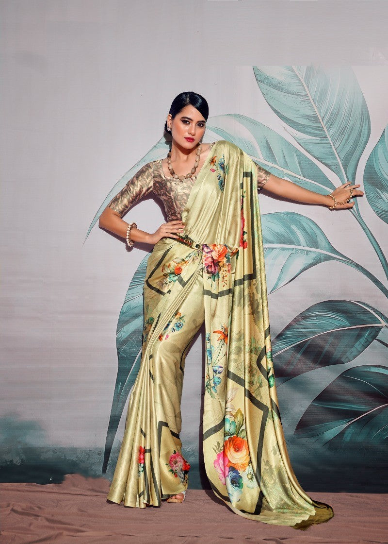 Golden Colour floral Print Satin Silk Saree